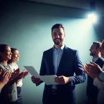 A spotlight shining down on an employee holding a certificate while a team claps from the shadows.